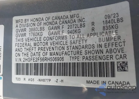 2024 Honda Civic Sport from USA, damaged, VIN 2HGFE2F56RH506906